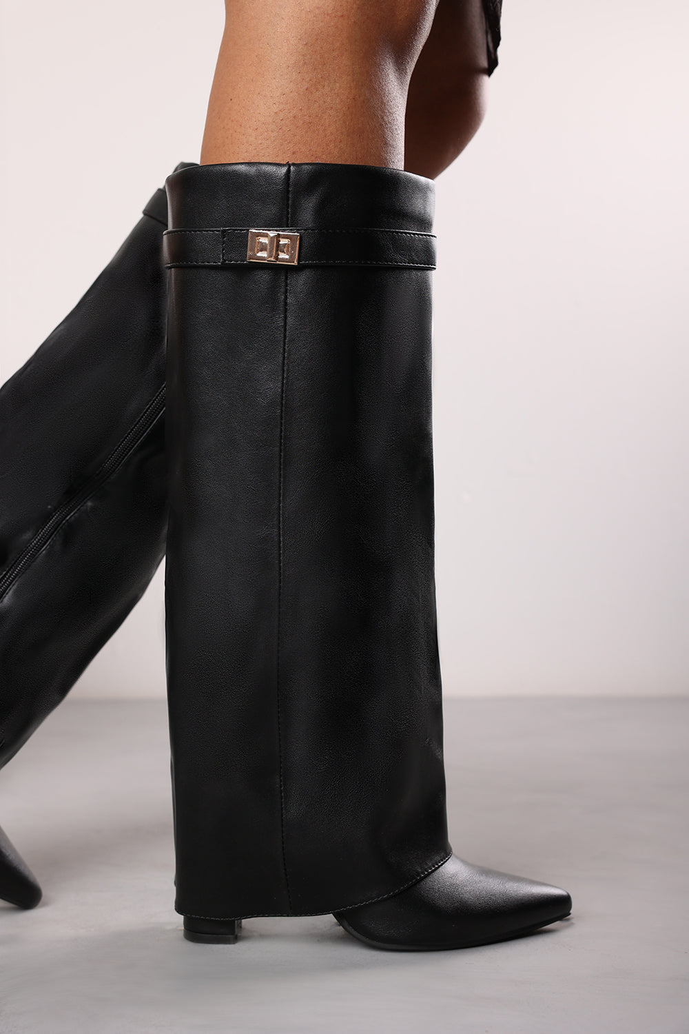 Keira Fold Over Shark Block Heel Point Toe Boots in Black Faux Leather
