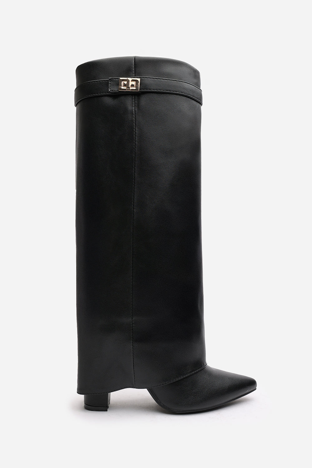 Keira Fold Over Shark Block Heel Point Toe Boots in Black Faux Leather