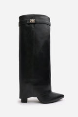 Keira Fold Over Shark Block Heel Point Toe Boots in Black Faux Leather