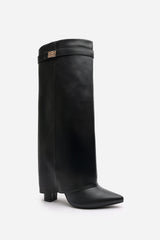 Keira Fold Over Shark Block Heel Point Toe Boots in Black Faux Leather