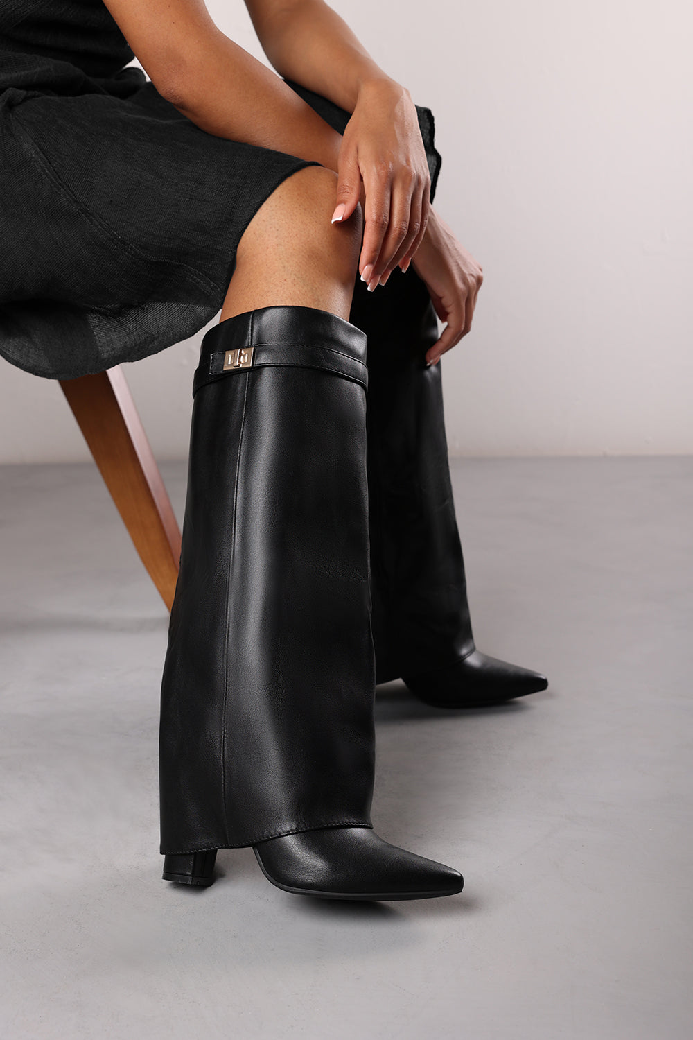 Keira Fold Over Shark Block Heel Point Toe Boots in Black Faux Leather