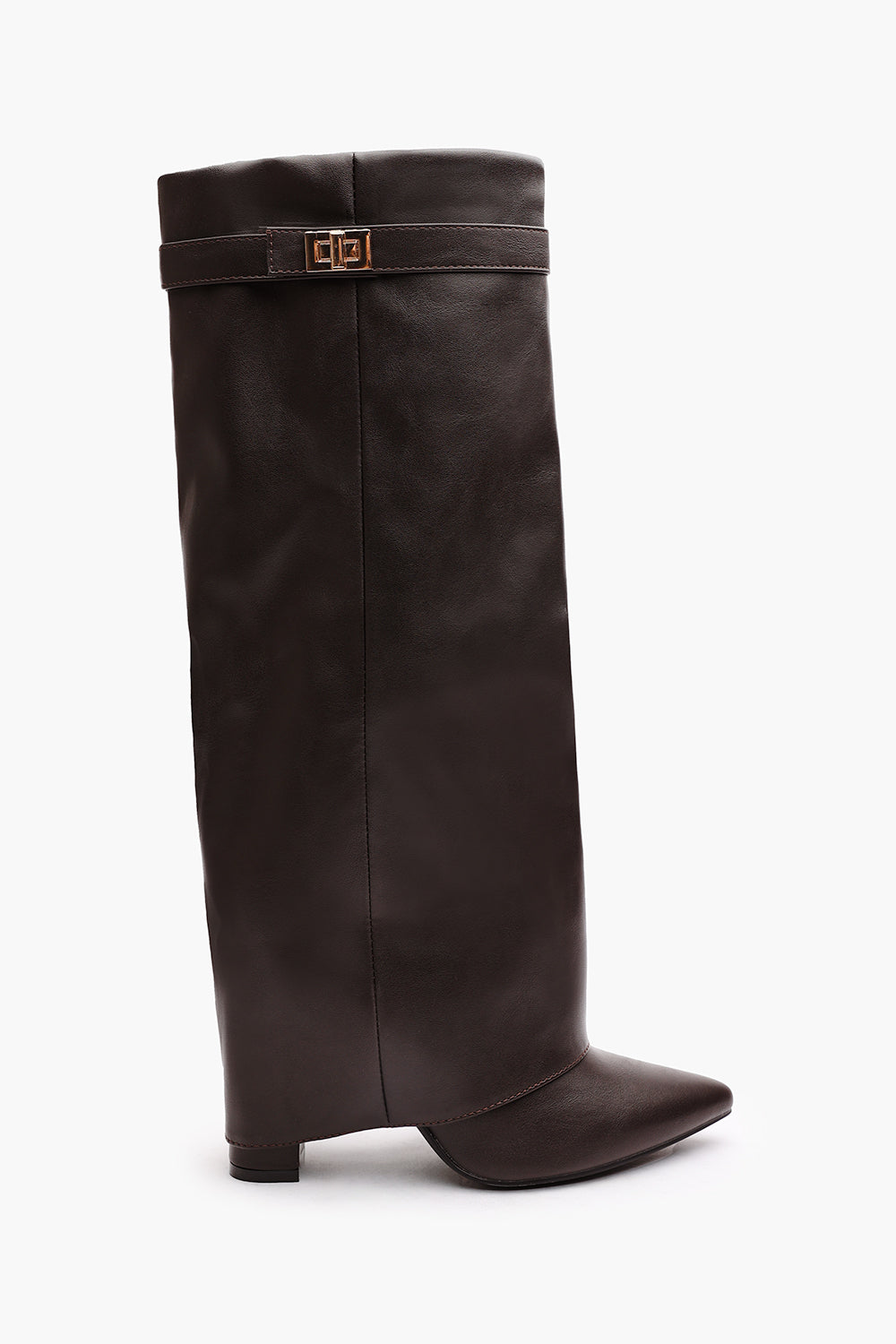 Keira Fold Over Shark Block Heel Point Toe Boots in Brown Faux Leather