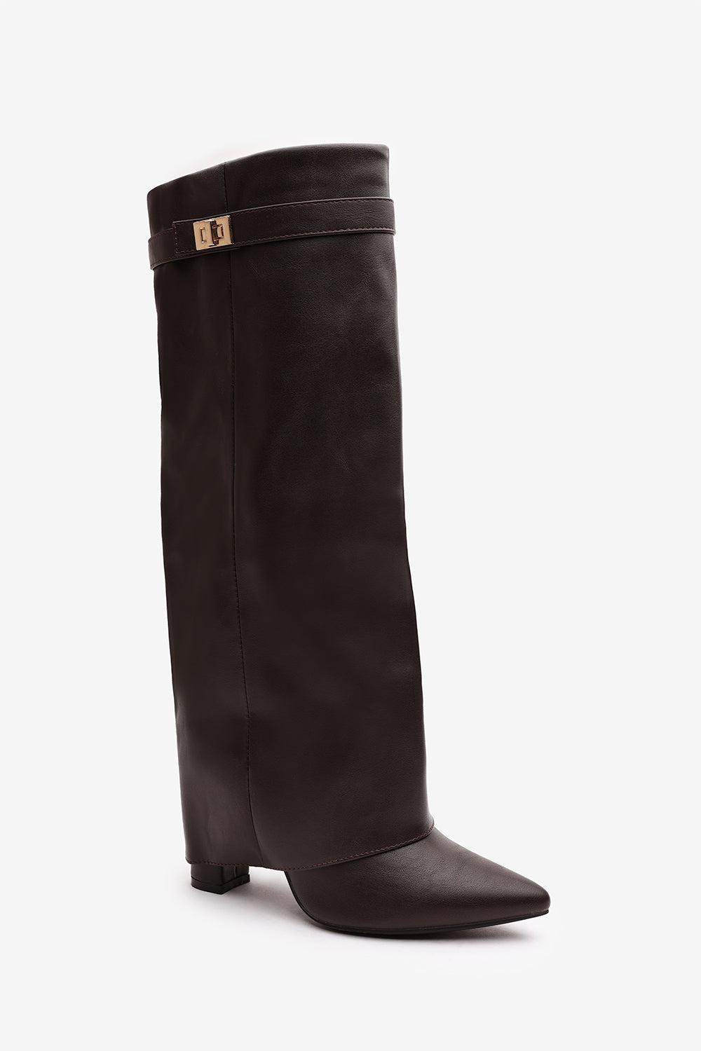Keira Fold Over Shark Block Heel Point Toe Boots in Brown Faux Leather