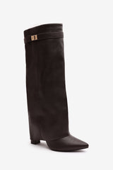 Keira Fold Over Shark Block Heel Point Toe Boots in Brown Faux Leather