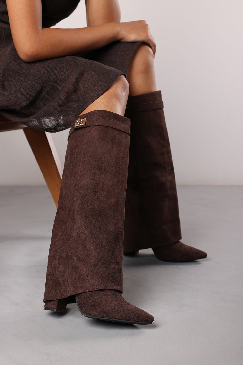 Keira Fold Over Shark Block Heel Point Toe Boots in Brown Suede