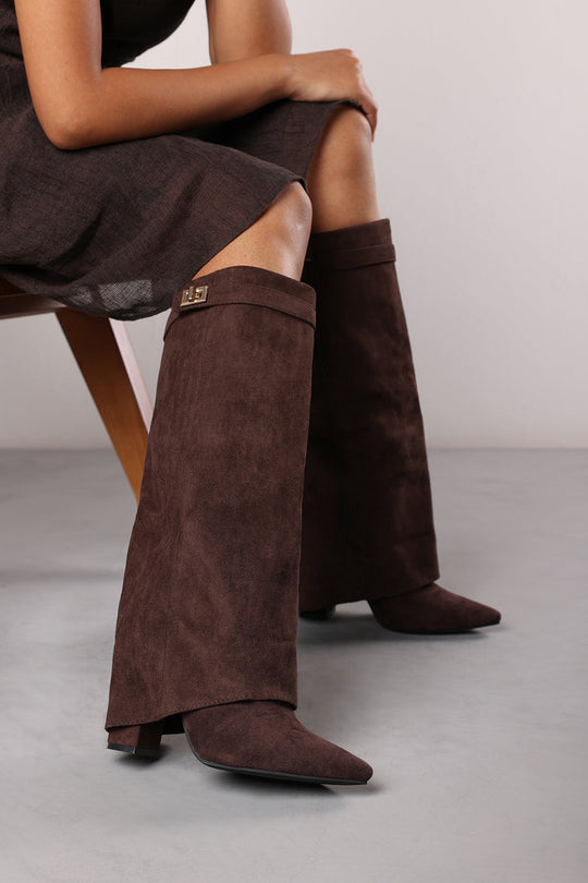 Keira Fold Over Shark Block Heel Point Toe Boots in Brown Suede