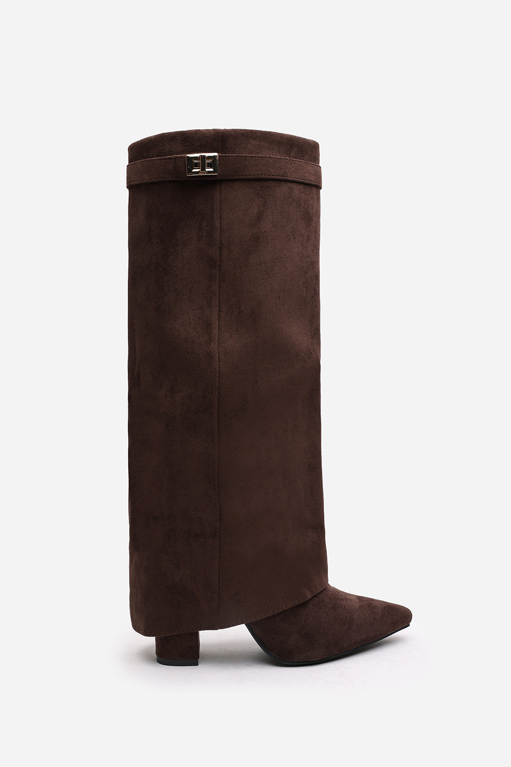Keira Fold Over Shark Block Heel Point Toe Boots in Brown Suede