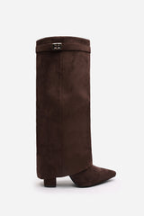 Keira Fold Over Shark Block Heel Point Toe Boots in Brown Suede