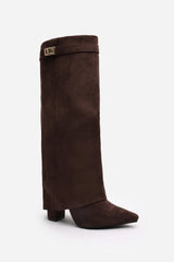 Keira Fold Over Shark Block Heel Point Toe Boots in Brown Suede