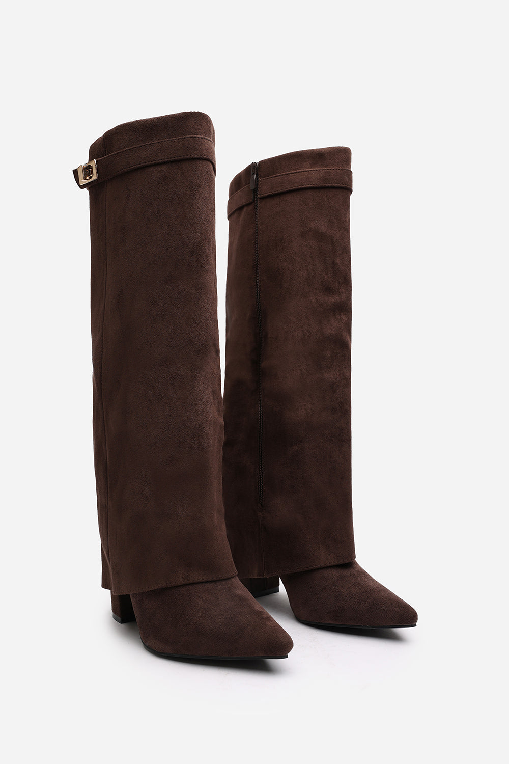 Keira Fold Over Shark Block Heel Point Toe Boots in Brown Suede