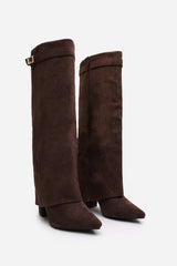 Keira Fold Over Shark Block Heel Point Toe Boots in Brown Suede