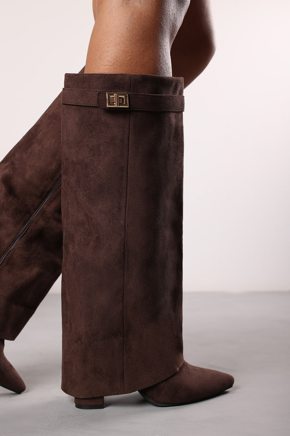 Keira Fold Over Shark Block Heel Point Toe Boots in Brown Suede