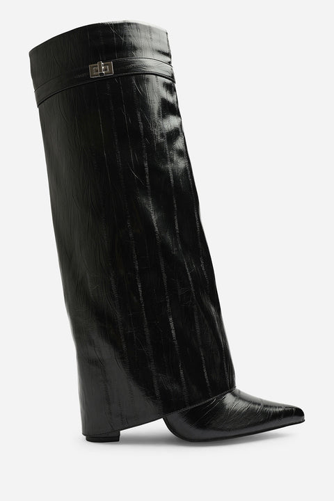 Keira Fold Over Shark Block Heel Pointed Toe Boots