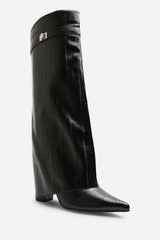 Keira Fold Over Shark Block Heel Pointed Toe Boots