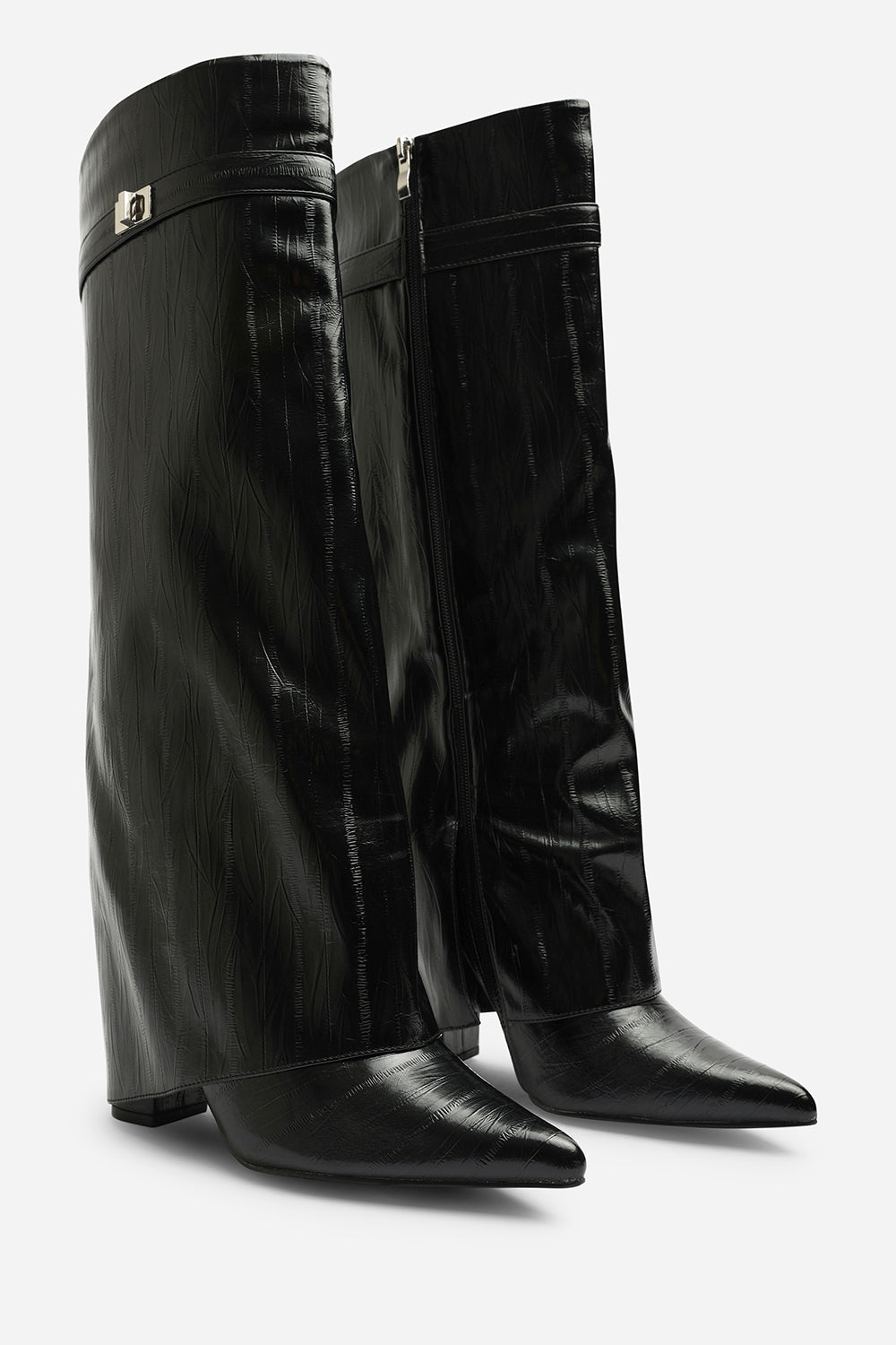 Keira Fold Over Shark Block Heel Pointed Toe Boots