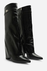 Keira Fold Over Shark Block Heel Pointed Toe Boots