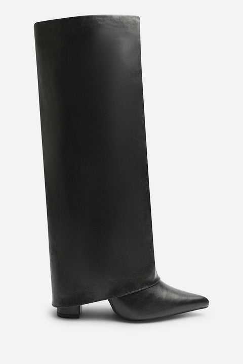Makenzie Fold Down Knee High Heeled Shark Boots in Black
