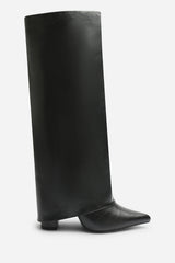 Makenzie Fold Down Knee High Heeled Shark Boots in Black