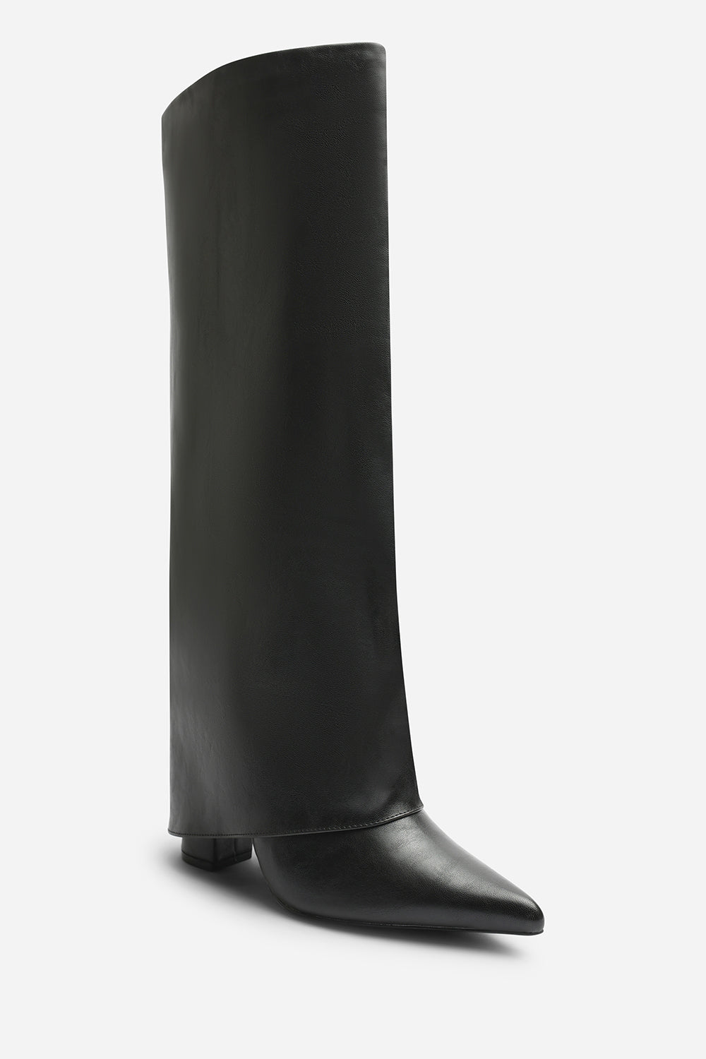 Makenzie Fold Down Knee High Heeled Shark Boots in Black