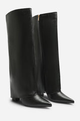 Makenzie Fold Down Knee High Heeled Shark Boots in Black