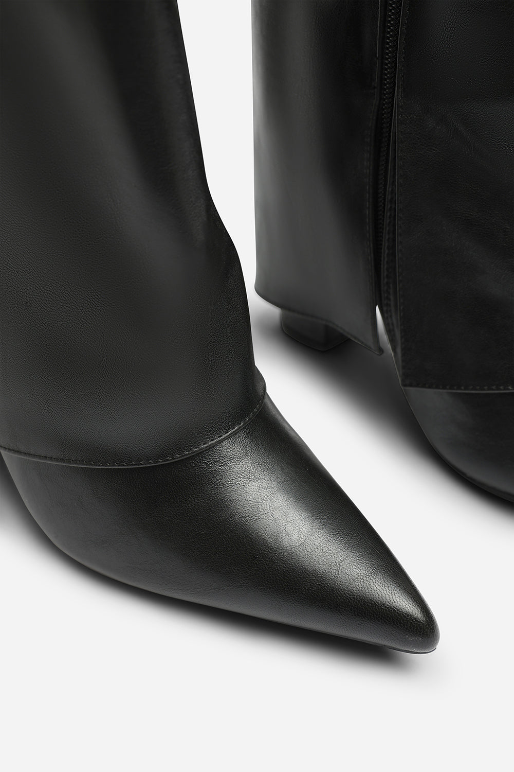 Makenzie Fold Down Knee High Heeled Shark Boots in Black