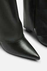 Makenzie Fold Down Knee High Heeled Shark Boots in Black