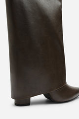 Makenzie Fold Down Knee High Heeled Shark Boots In Brown