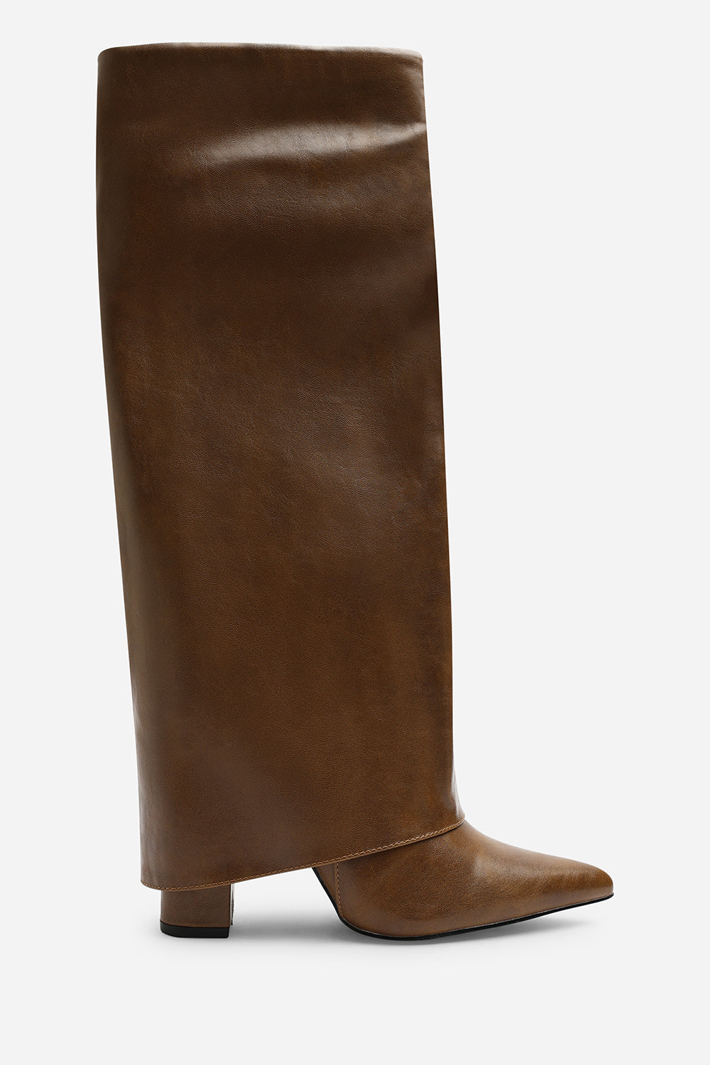 Makenzie Fold Down Knee High Heeled Shark Boots in Tan