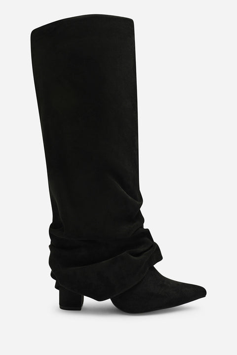 Galilea Ruched Fold Down Knee High Heeled Shark Boots in Black Suede