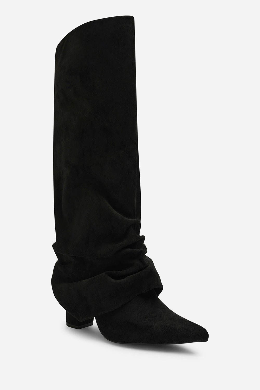Galilea Ruched Fold Down Knee High Heeled Shark Boots in Black Suede