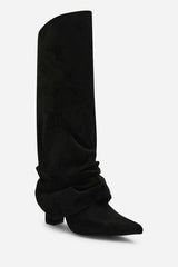 Galilea Ruched Fold Down Knee High Heeled Shark Boots in Black Suede