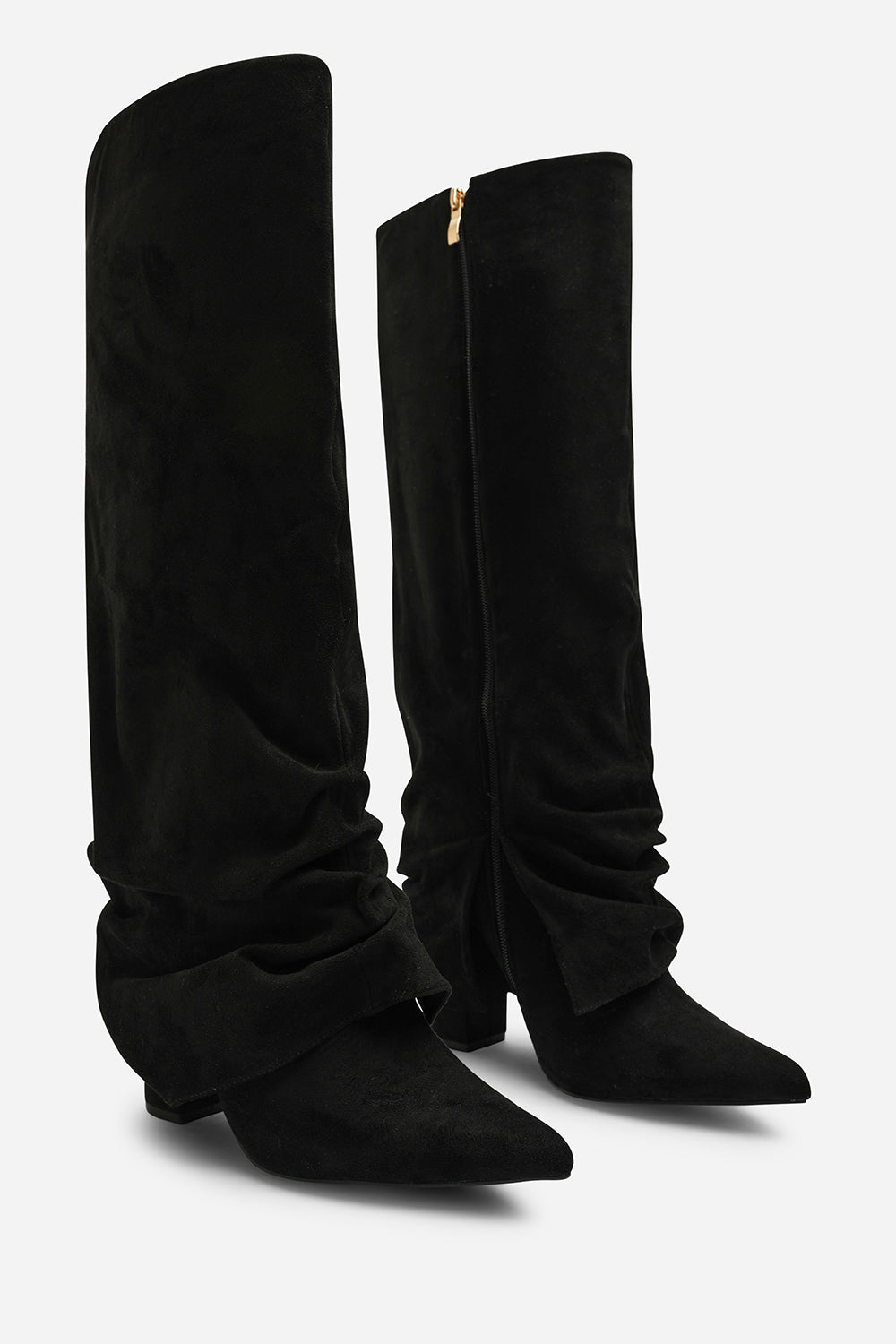 Galilea Ruched Fold Down Knee High Heeled Shark Boots in Black Suede