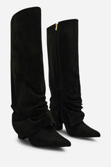 Galilea Ruched Fold Down Knee High Heeled Shark Boots in Black Suede
