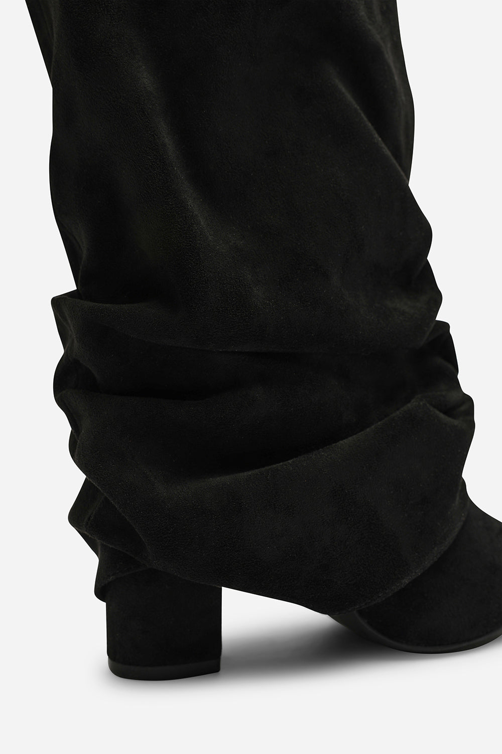 Galilea Ruched Fold Down Knee High Heeled Shark Boots in Black Suede
