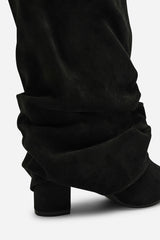 Galilea Ruched Fold Down Knee High Heeled Shark Boots in Black Suede