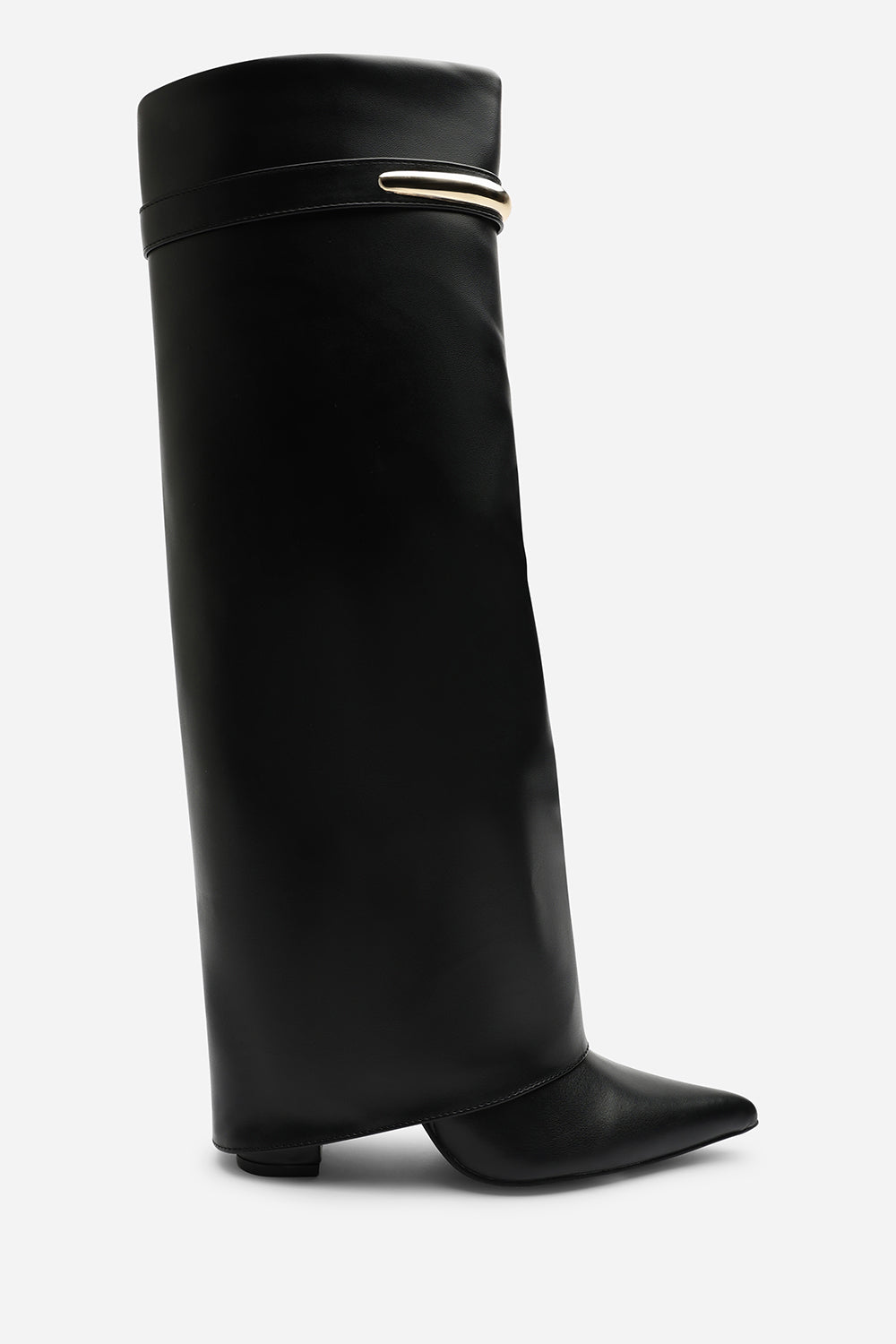 Nareva Fold Over Shark Block Heel Point Toe Boots With Trim Detail
