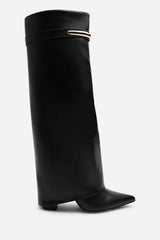 Nareva Fold Over Shark Block Heel Point Toe Boots With Trim Detail