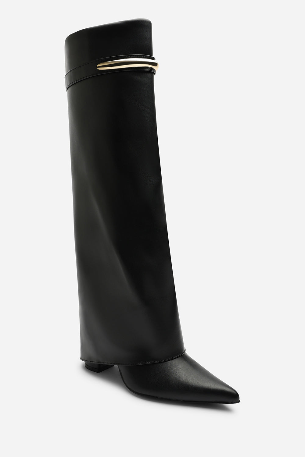 Nareva Fold Over Shark Block Heel Point Toe Boots With Trim Detail