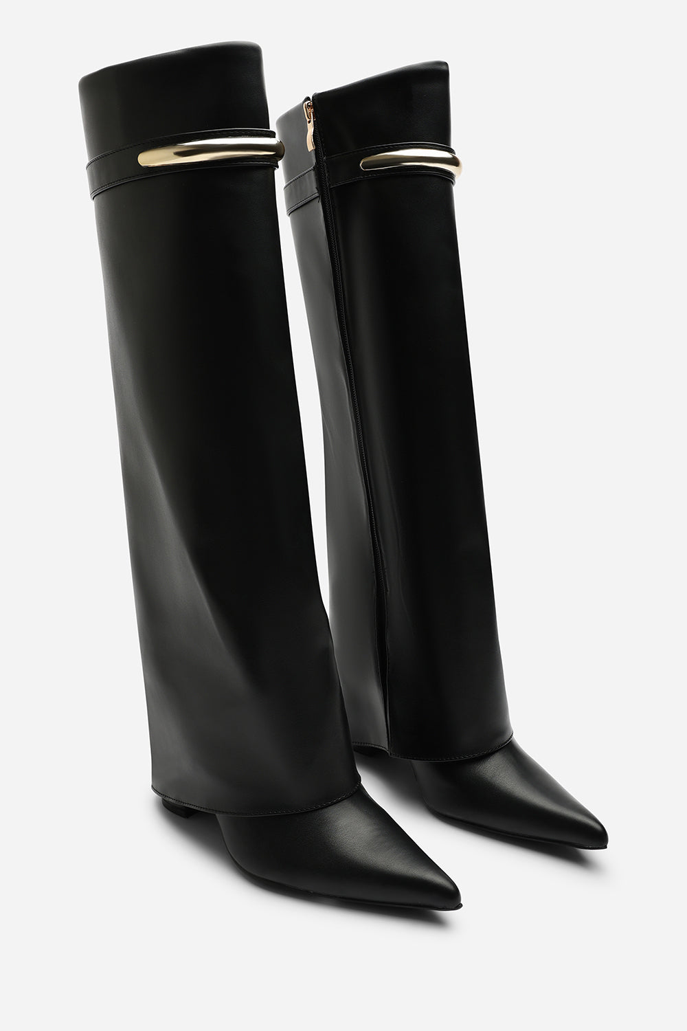 Nareva Fold Over Shark Block Heel Point Toe Boots With Trim Detail