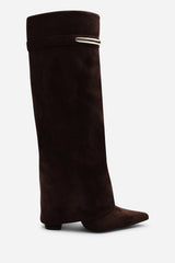 Nareva Fold Over Shark Block Heel Point Toe Boots With Trim Detail