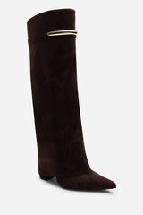 Nareva Fold Over Shark Block Heel Point Toe Boots With Trim Detail