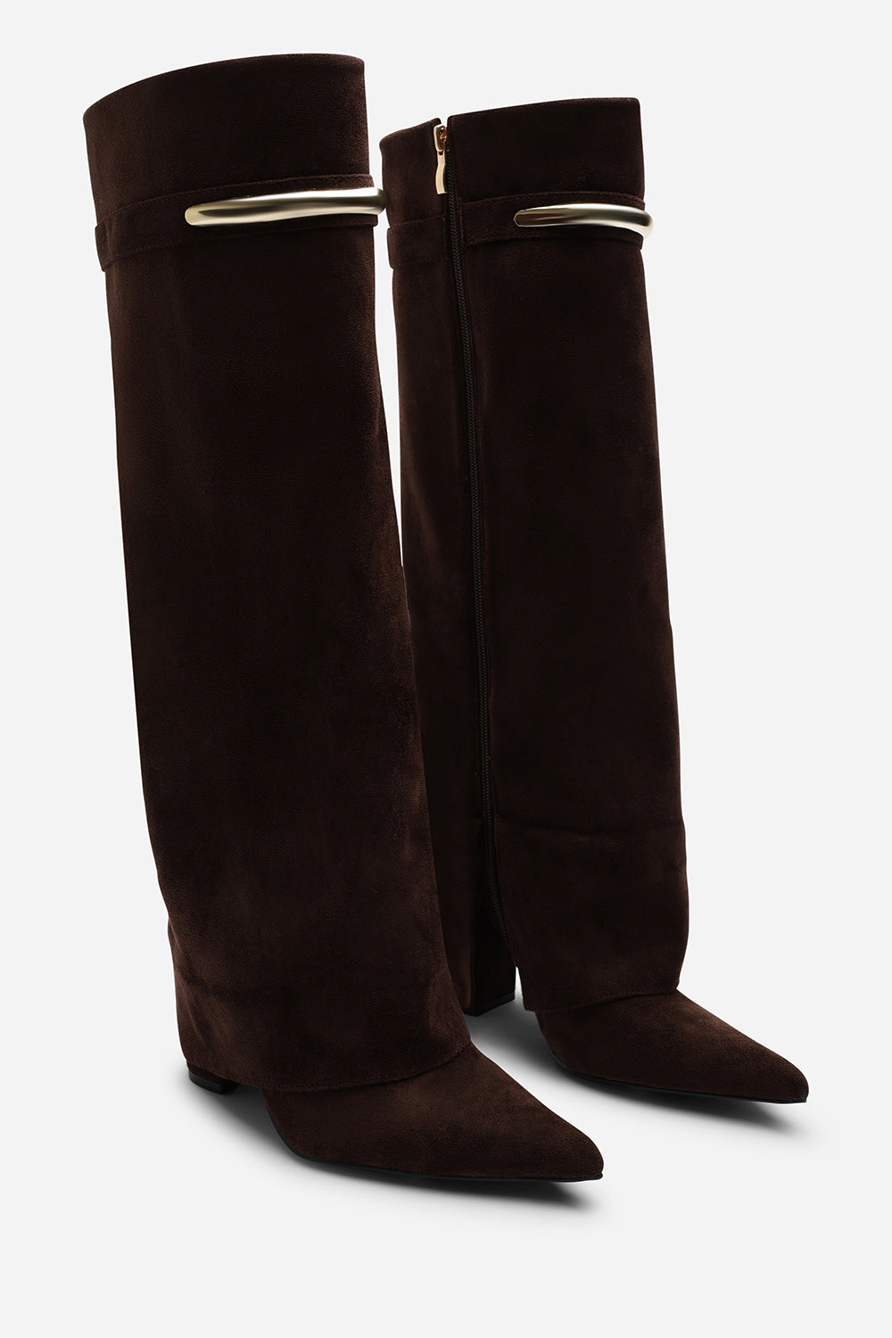 Nareva Fold Over Shark Block Heel Point Toe Boots With Trim Detail