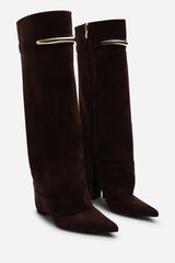 Nareva Fold Over Shark Block Heel Point Toe Boots With Trim Detail