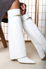 Nareva Fold Over Shark Block Heel Point Toe Boots With Trim Detail
