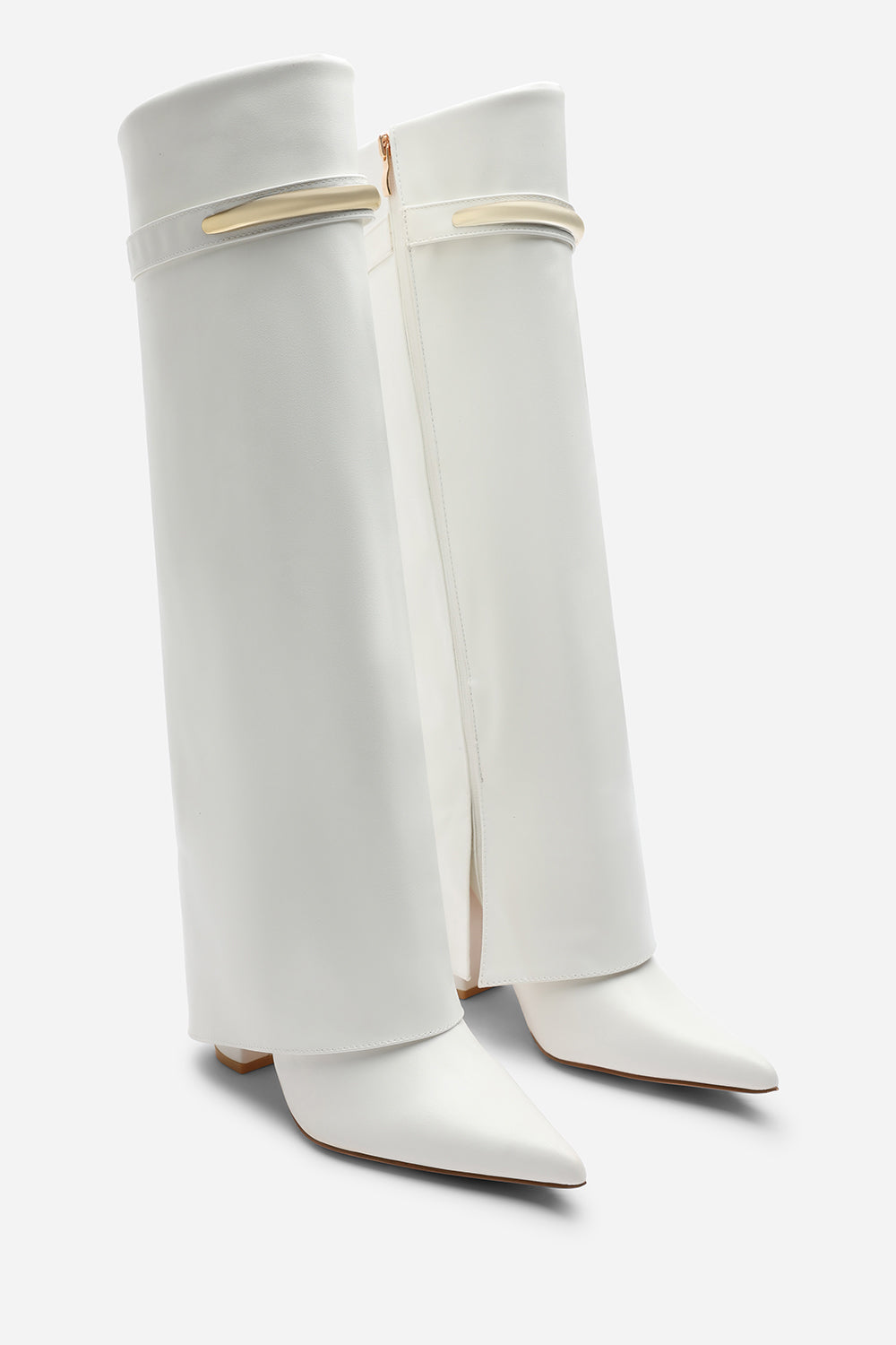Nareva Fold Over Shark Block Heel Point Toe Boots With Trim Detail