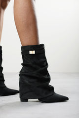 Kylis Ruched Shark Fold Down Calf Boot With Lock Detail