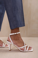 AUSTIN WIDE FIT MULTI STRAP CROSS OVER MID HEELS IN WHITE