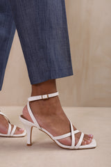 AINSLEY MULTI STRAP CROSS OVER MID HEELS IN WHITE FAUX LEATHER