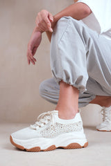 ADVANTAGE CHUNKY SOLE MESH KNIT LACE UP TRAINERS IN BEIGE