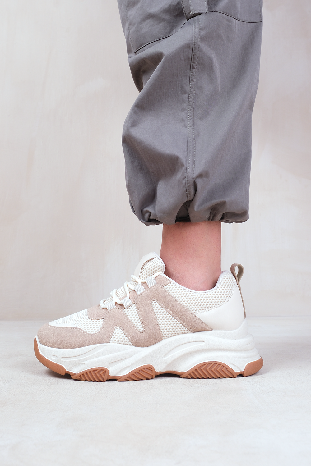 LIBERATE CHUNKY SOLE MESH TRAINERS WITH SUEDE DETAIL IN CREAM